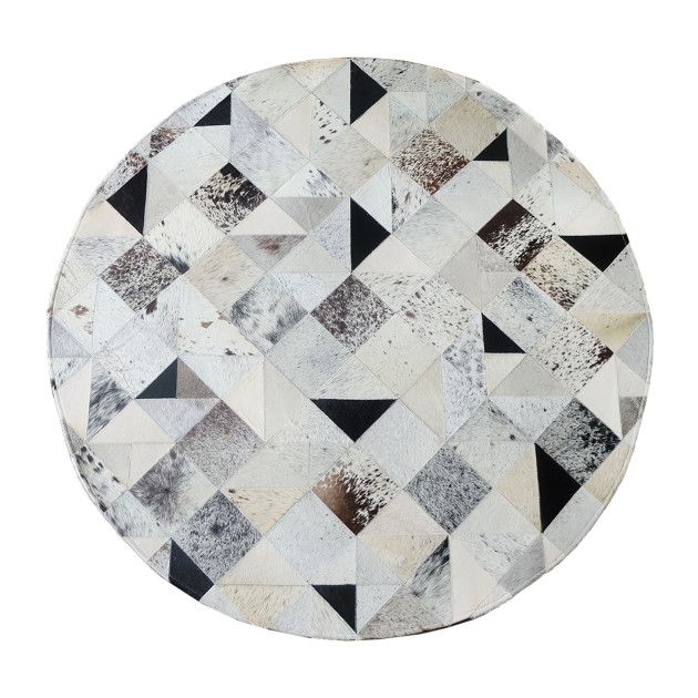 Mixed Square Patch Design Round Cowhide Rug
